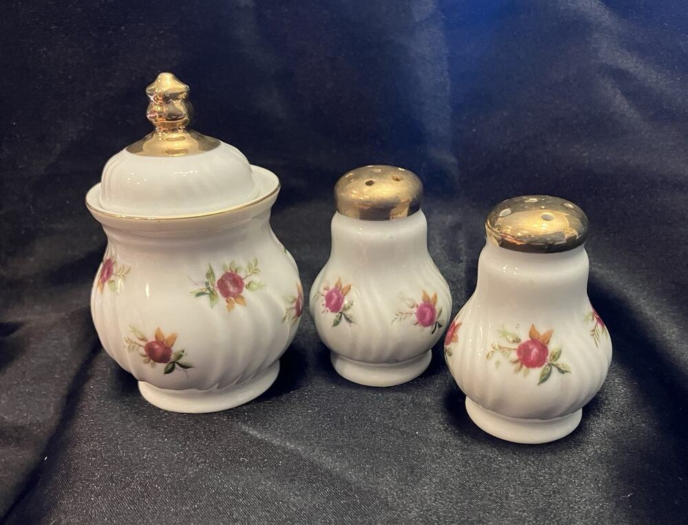 VTG Viceroy Japanese Rose Salt Pepper Shakers, Jam Pot Gold Lids Porcelain China